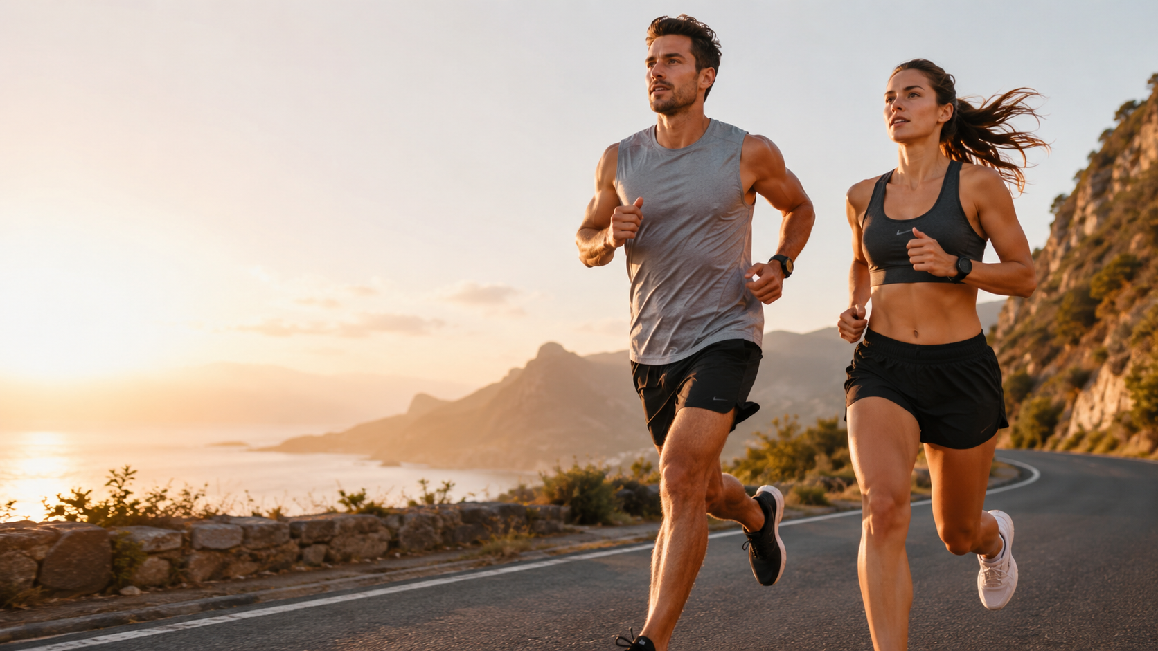 Two athletes running on a coastal road at sunrise